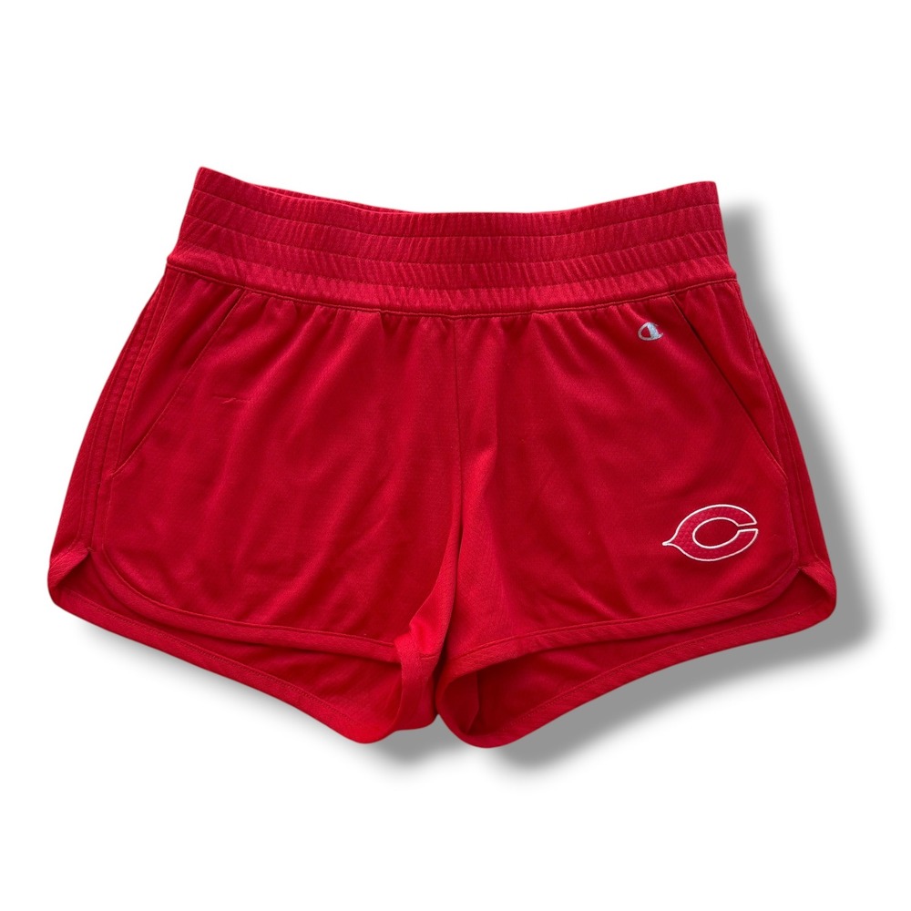 Champion Women S Red Mesh Central Logo Elastic Waist Athletic Shorts Sporty Cozy